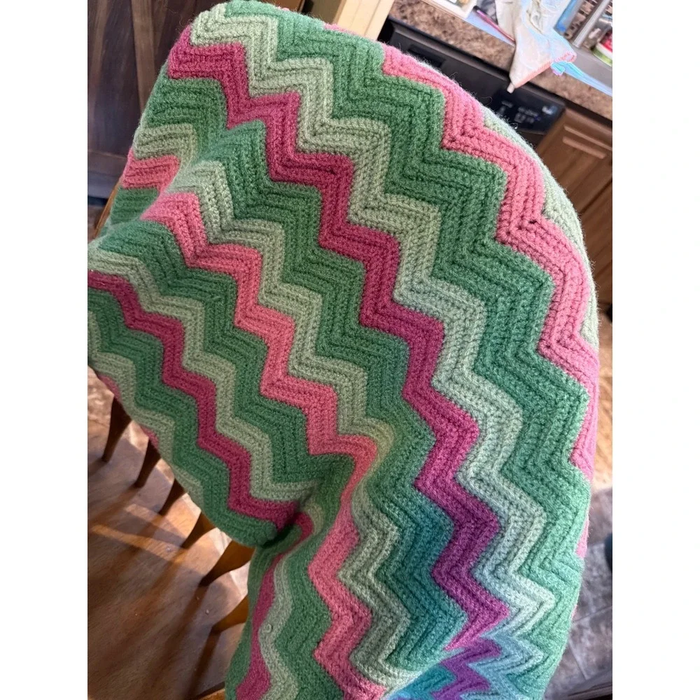Vintage Style Handmade Crochet Chevron Afghan Throw Blanket Pink Purple Green